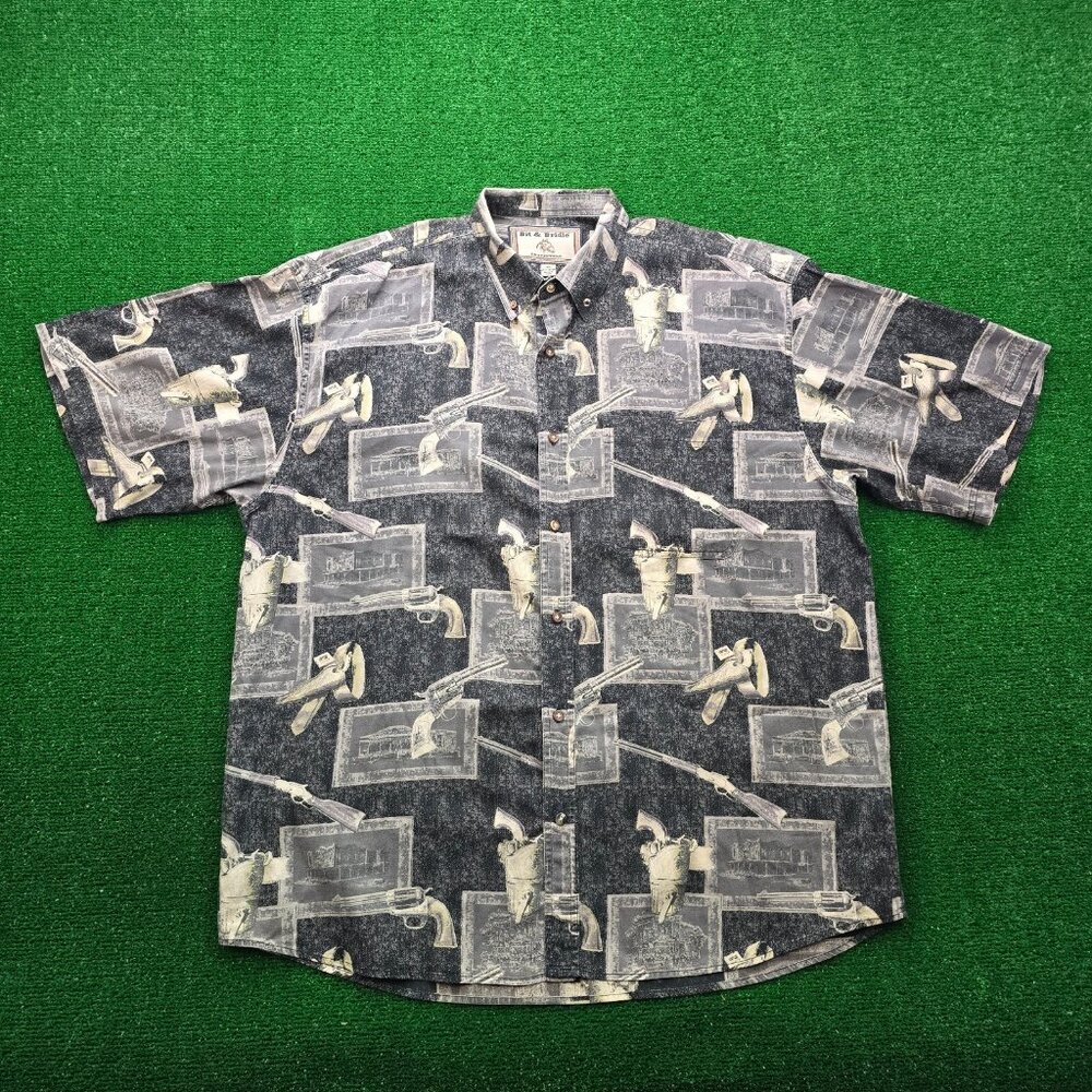 Bit & Bridle‎ Shirt Mens XL/2XL Black Vintage Revolver Pistol All Over Print
